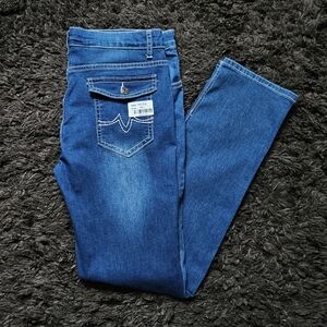 Denim blue stretch skinny legJeans XL 34 16, two front pockets with little butto